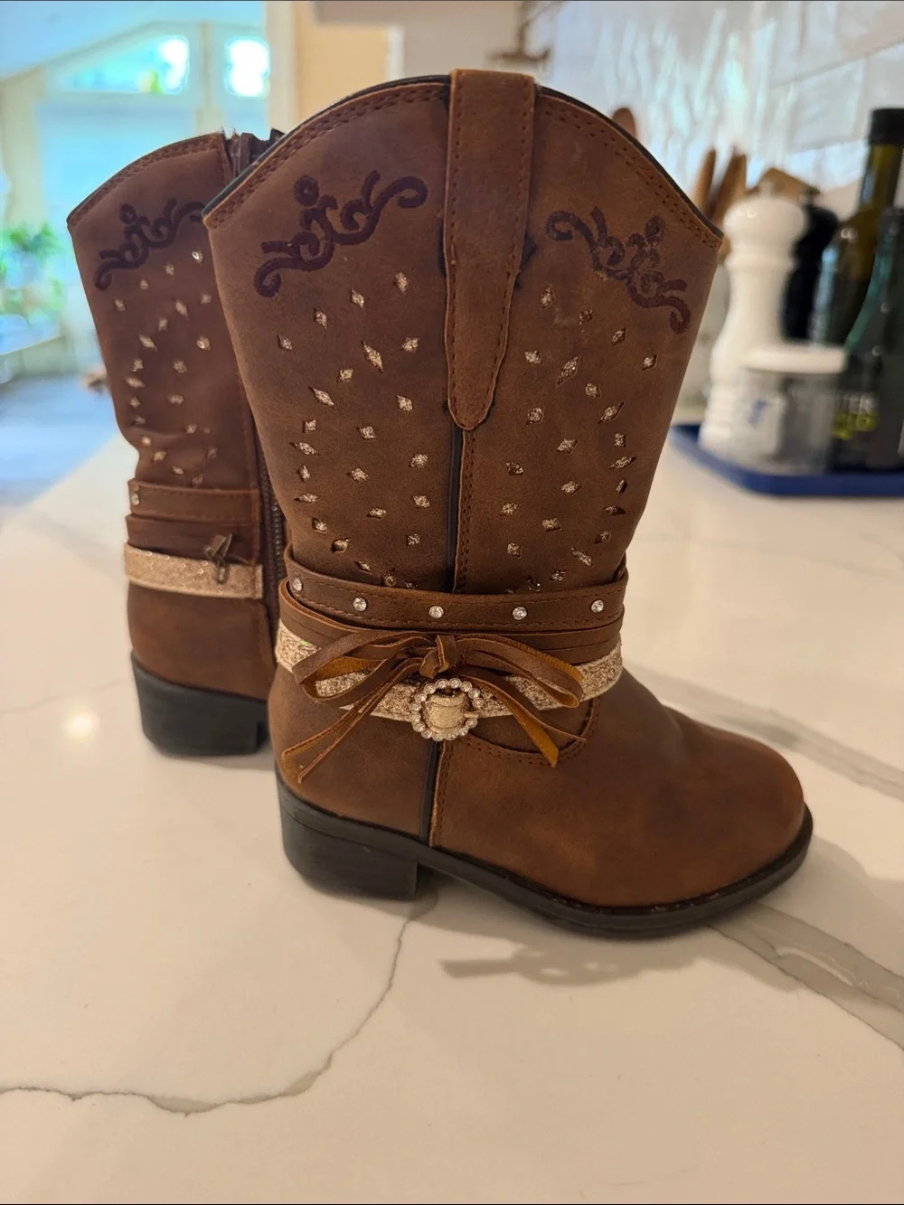 Girls Brown Cowboy Boots with Glitter & Bow Accent